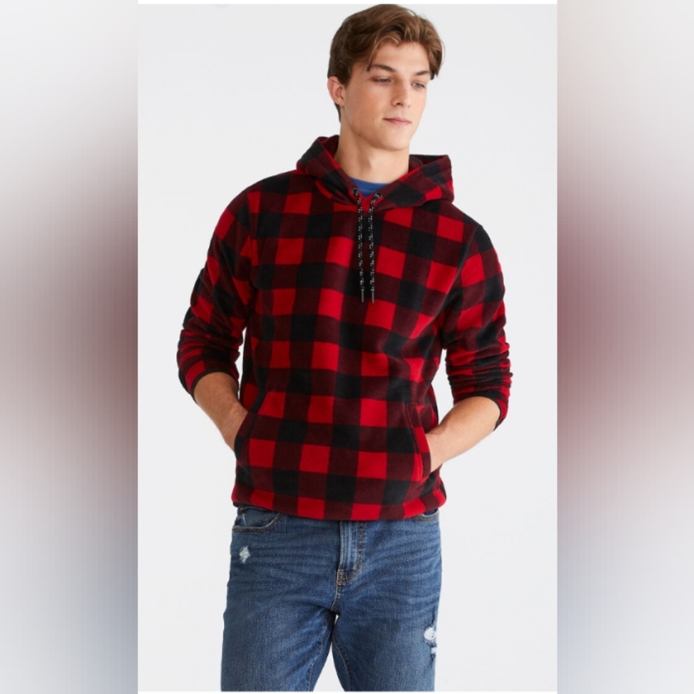 AÈROPOSTALE Men's Size Large Alpine Buffalo Plaid Pullover Hoodie, Red & Black
